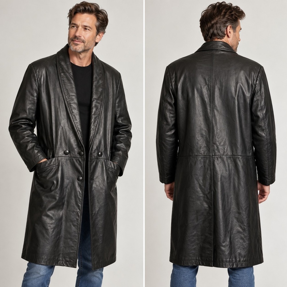 Global Identity G-III Mens Black Leather Trench Coat Shawl Collar Duster Large